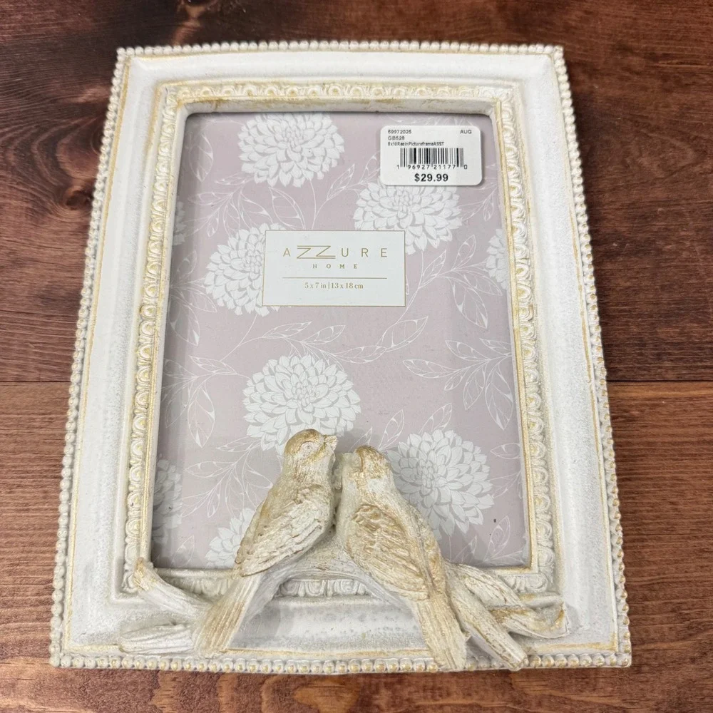 New Azzure Home 5x7 Distressed White Resin w 2 Perched Birds Picture Frame